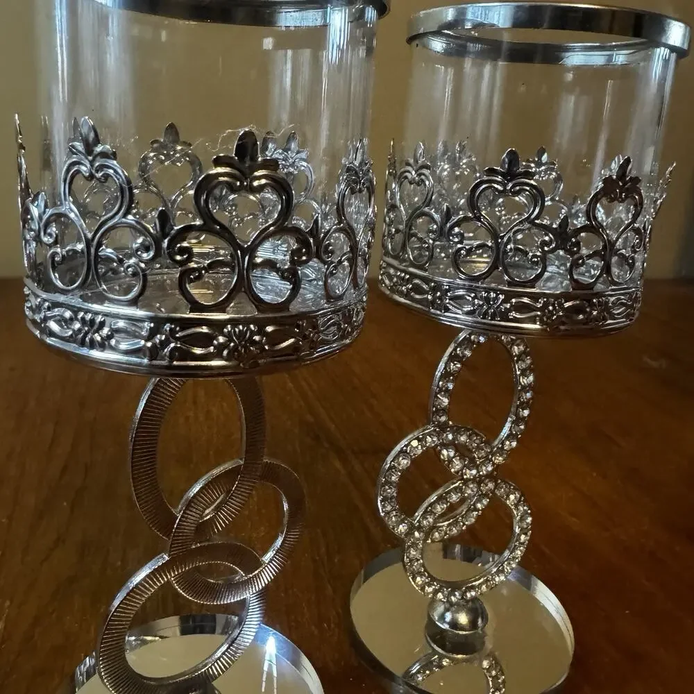 Rhinestone Candle Holders Set of 2 Glass Votive Wedding Table Decor 8”